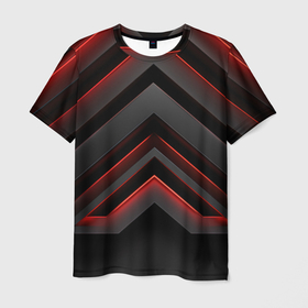 Мужская футболка 3D с принтом Красные яркие  неоновые полосы  на черной  абстракции в Белгороде, 100% полиэфир | прямой крой, круглый вырез горловины, длина до линии бедер | Тематика изображения на принте: 
