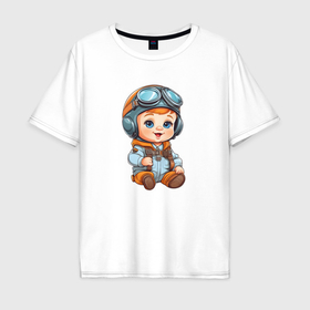 Мужская футболка хлопок Oversize с принтом Юный авиатор в Курске, 100% хлопок | свободный крой, круглый ворот, “спинка” длиннее передней части | 