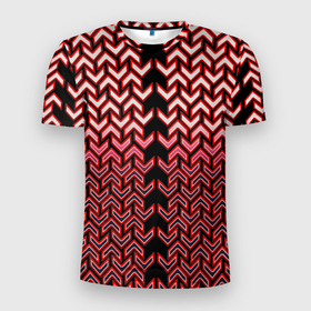 Мужская футболка 3D Slim с принтом Красные стрелки на чёрном фоне киберпанк в Екатеринбурге, 100% полиэстер с улучшенными характеристиками | приталенный силуэт, круглая горловина, широкие плечи, сужается к линии бедра | 