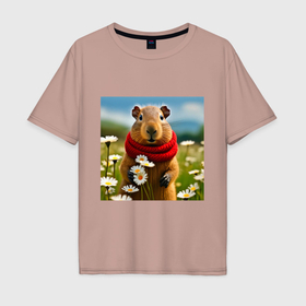Мужская футболка хлопок Oversize с принтом Мем капибара в шарфике и поле ромашковое в Кировске, 100% хлопок | свободный крой, круглый ворот, “спинка” длиннее передней части | 
