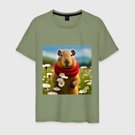 Мужская футболка хлопок с принтом Мем капибара в шарфике и поле ромашковое в Белгороде, 100% хлопок | прямой крой, круглый вырез горловины, длина до линии бедер, слегка спущенное плечо. | 