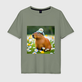 Мужская футболка хлопок Oversize с принтом Мем капибара в шапочке и поле ромашки в Петрозаводске, 100% хлопок | свободный крой, круглый ворот, “спинка” длиннее передней части | 