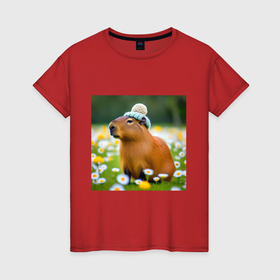 Женская футболка хлопок с принтом Мем капибара в шапочке и поле ромашки в Курске, 100% хлопок | прямой крой, круглый вырез горловины, длина до линии бедер, слегка спущенное плечо | 