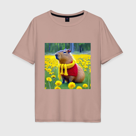 Мужская футболка хлопок Oversize с принтом Мем капибара в шарфике и поле одуванчиков , 100% хлопок | свободный крой, круглый ворот, “спинка” длиннее передней части | 