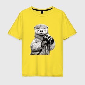 Мужская футболка хлопок Oversize с принтом Выдра фотограф в Кировске, 100% хлопок | свободный крой, круглый ворот, “спинка” длиннее передней части | 