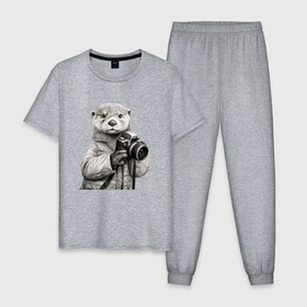 Мужская пижама хлопок с принтом Выдра фотограф в Кировске, 100% хлопок | брюки и футболка прямого кроя, без карманов, на брюках мягкая резинка на поясе и по низу штанин
 | 
