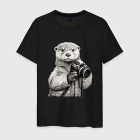 Мужская футболка хлопок с принтом Выдра фотограф в Кировске, 100% хлопок | прямой крой, круглый вырез горловины, длина до линии бедер, слегка спущенное плечо. | 