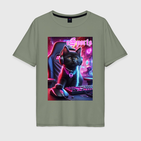 Мужская футболка хлопок Oversize с принтом Чёрный котёнок   киберспорт в Белгороде, 100% хлопок | свободный крой, круглый ворот, “спинка” длиннее передней части | Тематика изображения на принте: 