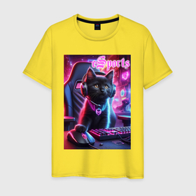 Мужская футболка хлопок с принтом Чёрный котёнок   киберспорт в Кировске, 100% хлопок | прямой крой, круглый вырез горловины, длина до линии бедер, слегка спущенное плечо. | 