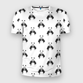 Мужская футболка 3D Slim с принтом Panda love   pattern в Петрозаводске, 100% полиэстер с улучшенными характеристиками | приталенный силуэт, круглая горловина, широкие плечи, сужается к линии бедра | 