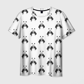 Мужская футболка 3D с принтом Panda love   pattern в Санкт-Петербурге, 100% полиэфир | прямой крой, круглый вырез горловины, длина до линии бедер | Тематика изображения на принте: 