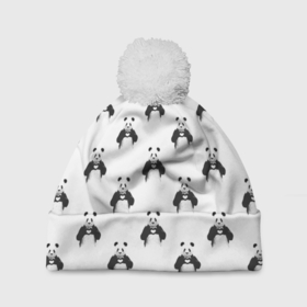 Шапка 3D c помпоном с принтом Panda love   pattern в Курске, 100% полиэстер | универсальный размер, печать по всей поверхности изделия | Тематика изображения на принте: 