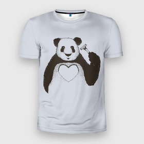 Мужская футболка 3D Slim с принтом Panda love art в Санкт-Петербурге, 100% полиэстер с улучшенными характеристиками | приталенный силуэт, круглая горловина, широкие плечи, сужается к линии бедра | Тематика изображения на принте: 