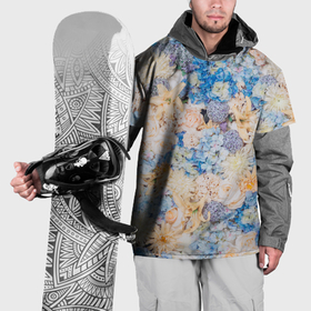 Накидка на куртку 3D с принтом Голубые гортензии  и бежевые астры с розами , 100% полиэстер |  | Тематика изображения на принте: 