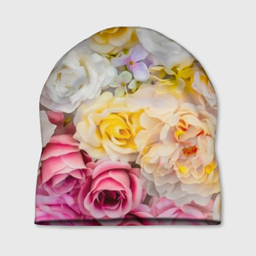 Шапка 3D с принтом Розы белые желтые и розовые в Курске, 100% полиэстер | универсальный размер, печать по всей поверхности изделия | 