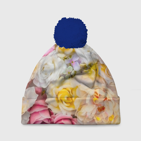 Шапка 3D c помпоном с принтом Розы белые желтые и розовые в Тюмени, 100% полиэстер | универсальный размер, печать по всей поверхности изделия | Тематика изображения на принте: 