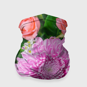 Бандана-труба 3D с принтом Розовые астры с оранжевыми розами в зелени в Тюмени, 100% полиэстер, ткань с особыми свойствами — Activecool | плотность 150‒180 г/м2; хорошо тянется, но сохраняет форму | Тематика изображения на принте: 