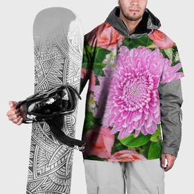 Накидка на куртку 3D с принтом Розовые астры с оранжевыми розами в зелени в Тюмени, 100% полиэстер |  | Тематика изображения на принте: 