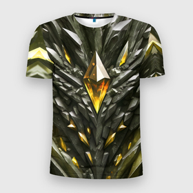 Мужская футболка 3D Slim с принтом Камень и золотой кристалл в Екатеринбурге, 100% полиэстер с улучшенными характеристиками | приталенный силуэт, круглая горловина, широкие плечи, сужается к линии бедра | 