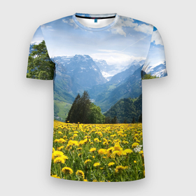 Мужская футболка 3D Slim с принтом Природный пейзаж с одуванчиками и горами , 100% полиэстер с улучшенными характеристиками | приталенный силуэт, круглая горловина, широкие плечи, сужается к линии бедра | Тематика изображения на принте: 