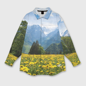 Мужская рубашка oversize 3D с принтом Природный пейзаж с одуванчиками и горами в Петрозаводске,  |  | Тематика изображения на принте: 