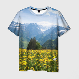 Мужская футболка 3D с принтом Природный пейзаж с одуванчиками и горами , 100% полиэфир | прямой крой, круглый вырез горловины, длина до линии бедер | 