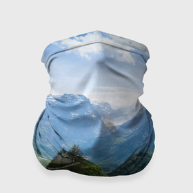 Бандана-труба 3D с принтом Природный пейзаж с одуванчиками и горами , 100% полиэстер, ткань с особыми свойствами — Activecool | плотность 150‒180 г/м2; хорошо тянется, но сохраняет форму | 