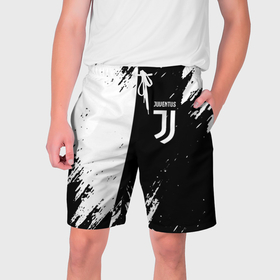 Мужские шорты 3D с принтом Juventus краски чёрнобелые в Екатеринбурге,  полиэстер 100% | прямой крой, два кармана без застежек по бокам. Мягкая трикотажная резинка на поясе, внутри которой широкие завязки. Длина чуть выше колен | 