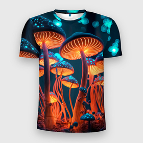 Мужская футболка 3D Slim с принтом Glowing mushrooms , 100% полиэстер с улучшенными характеристиками | приталенный силуэт, круглая горловина, широкие плечи, сужается к линии бедра | Тематика изображения на принте: 
