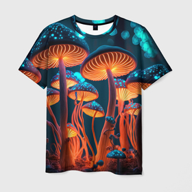 Мужская футболка 3D с принтом Glowing mushrooms , 100% полиэфир | прямой крой, круглый вырез горловины, длина до линии бедер | 
