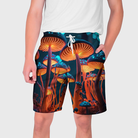 Мужские шорты 3D с принтом Glowing mushrooms в Тюмени,  полиэстер 100% | прямой крой, два кармана без застежек по бокам. Мягкая трикотажная резинка на поясе, внутри которой широкие завязки. Длина чуть выше колен | 