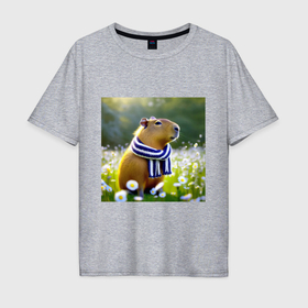 Мужская футболка хлопок Oversize с принтом Мем капибара в шарфике и ромашковое поле летом в Кировске, 100% хлопок | свободный крой, круглый ворот, “спинка” длиннее передней части | 
