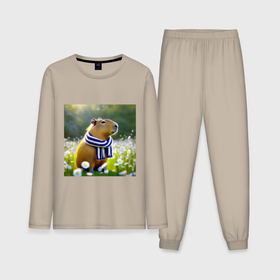 Мужская пижама с лонгсливом хлопок с принтом Мем капибара в шарфике и ромашковое поле летом в Кировске,  |  | 