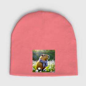 Мужская шапка демисезонная с принтом Мем капибара в шарфике и ромашковое поле летом в Кировске,  |  | 
