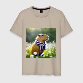 Мужская футболка хлопок с принтом Мем капибара в шарфике и ромашковое поле летом в Кировске, 100% хлопок | прямой крой, круглый вырез горловины, длина до линии бедер, слегка спущенное плечо. | 