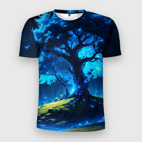 Мужская футболка 3D Slim с принтом Night magic tree в Екатеринбурге, 100% полиэстер с улучшенными характеристиками | приталенный силуэт, круглая горловина, широкие плечи, сужается к линии бедра | Тематика изображения на принте: 