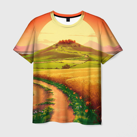 Мужская футболка 3D с принтом Sunset village , 100% полиэфир | прямой крой, круглый вырез горловины, длина до линии бедер | 