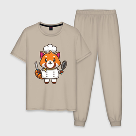 Мужская пижама хлопок с принтом Красная панда повар в Новосибирске, 100% хлопок | брюки и футболка прямого кроя, без карманов, на брюках мягкая резинка на поясе и по низу штанин
 | Тематика изображения на принте: 