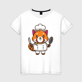 Женская футболка хлопок с принтом Красная панда повар в Кировске, 100% хлопок | прямой крой, круглый вырез горловины, длина до линии бедер, слегка спущенное плечо | 