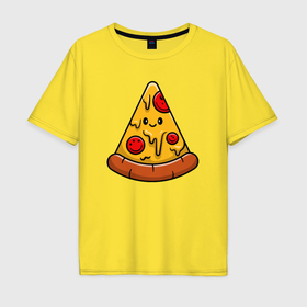 Мужская футболка хлопок Oversize с принтом Smiling pizza в Кировске, 100% хлопок | свободный крой, круглый ворот, “спинка” длиннее передней части | Тематика изображения на принте: 