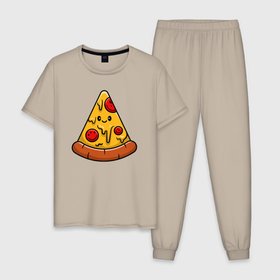 Мужская пижама хлопок с принтом Smiling pizza в Кировске, 100% хлопок | брюки и футболка прямого кроя, без карманов, на брюках мягкая резинка на поясе и по низу штанин
 | Тематика изображения на принте: 