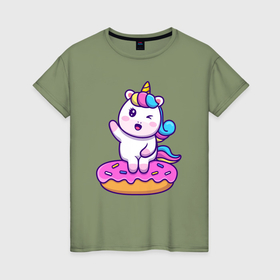 Женская футболка хлопок с принтом Donut unicorn в Екатеринбурге, 100% хлопок | прямой крой, круглый вырез горловины, длина до линии бедер, слегка спущенное плечо | Тематика изображения на принте: 