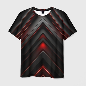 Мужская футболка 3D с принтом Черный абстрактный фон с красным неоновым свечением  темный  стиль в Екатеринбурге, 100% полиэфир | прямой крой, круглый вырез горловины, длина до линии бедер | Тематика изображения на принте: 