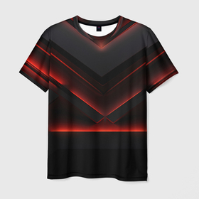 Мужская футболка 3D с принтом Черный абстрактный фон с красным  неоновым  свечением  темный  стиль в Екатеринбурге, 100% полиэфир | прямой крой, круглый вырез горловины, длина до линии бедер | Тематика изображения на принте: 