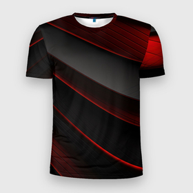 Мужская футболка 3D Slim с принтом Красная абстракция с черными линиями в Санкт-Петербурге, 100% полиэстер с улучшенными характеристиками | приталенный силуэт, круглая горловина, широкие плечи, сужается к линии бедра | 