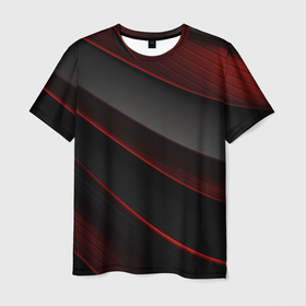 Мужская футболка 3D с принтом Красная абстракция с черными линиями , 100% полиэфир | прямой крой, круглый вырез горловины, длина до линии бедер | 