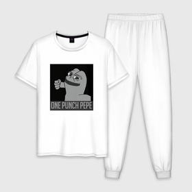 Мужская пижама хлопок с принтом One punch pepe , 100% хлопок | брюки и футболка прямого кроя, без карманов, на брюках мягкая резинка на поясе и по низу штанин
 | 