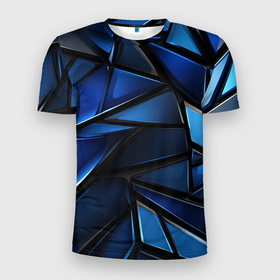Мужская футболка 3D Slim с принтом Синие объемные геометрические объекты в Кировске, 100% полиэстер с улучшенными характеристиками | приталенный силуэт, круглая горловина, широкие плечи, сужается к линии бедра | 