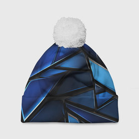 Шапка 3D c помпоном с принтом Синие объемные геометрические объекты в Новосибирске, 100% полиэстер | универсальный размер, печать по всей поверхности изделия | 