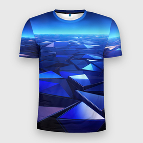 Мужская футболка 3D Slim с принтом Синие объемные блестящие плиты в Новосибирске, 100% полиэстер с улучшенными характеристиками | приталенный силуэт, круглая горловина, широкие плечи, сужается к линии бедра | 